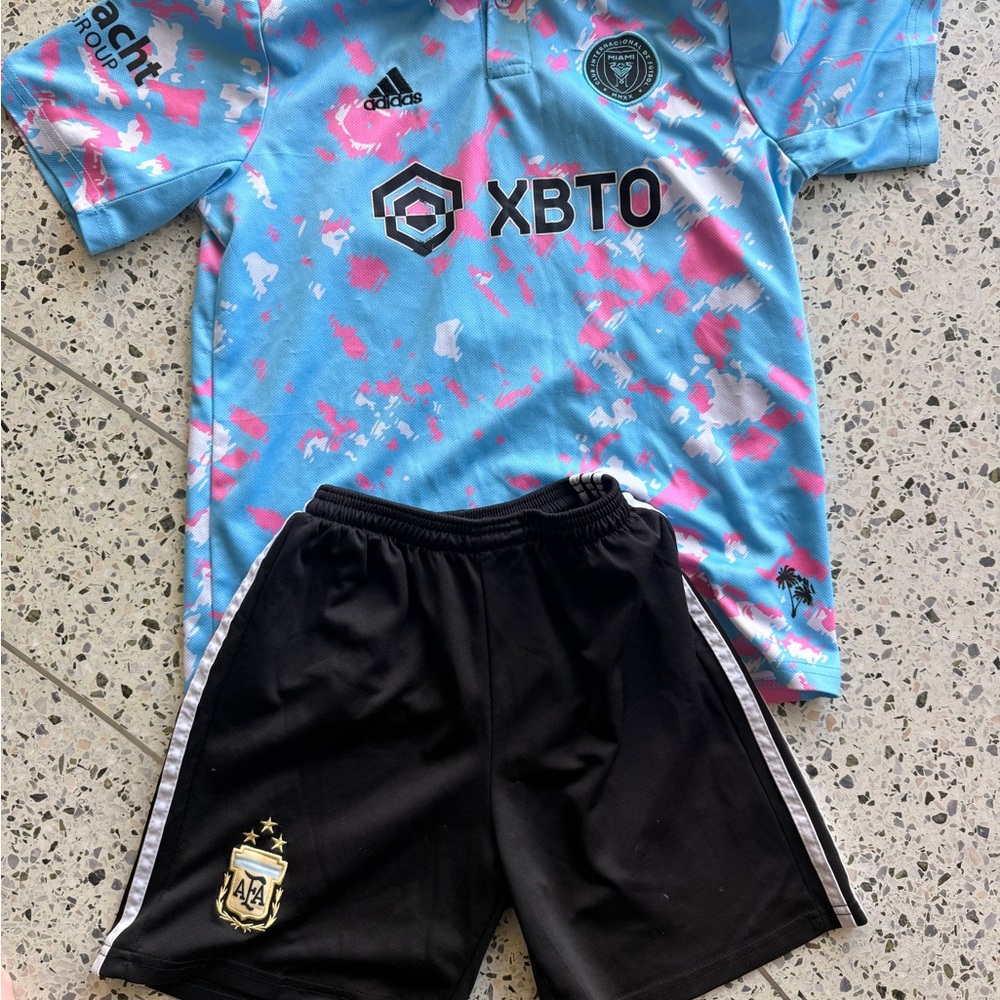Messi Adidas Soccer Kids Sky Blue and Pink Jersey Shorts set